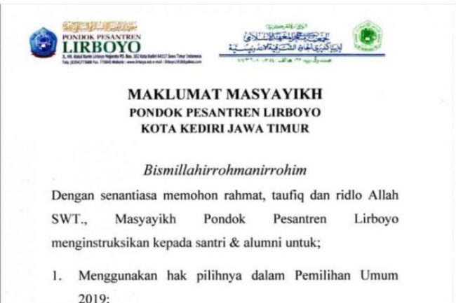 Lirboyo, Keluarkan Maklumat Dukung Jokowi-KH Ma'ruf Amin