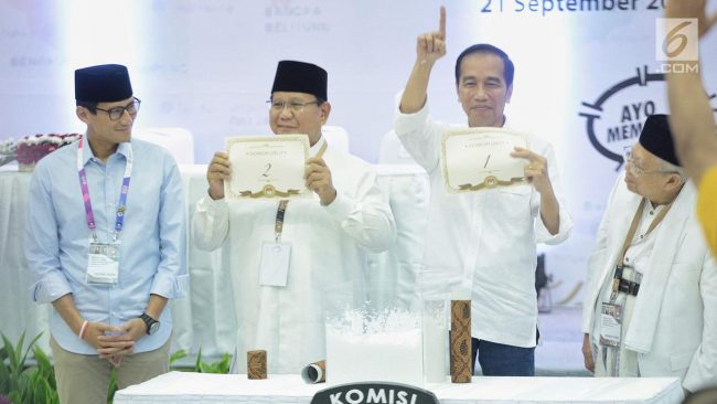 Dua pasang capres-cawapres Prabowo Subianto-Sandiaga Uno dan Joko Widodo-Ma'ruf Amin