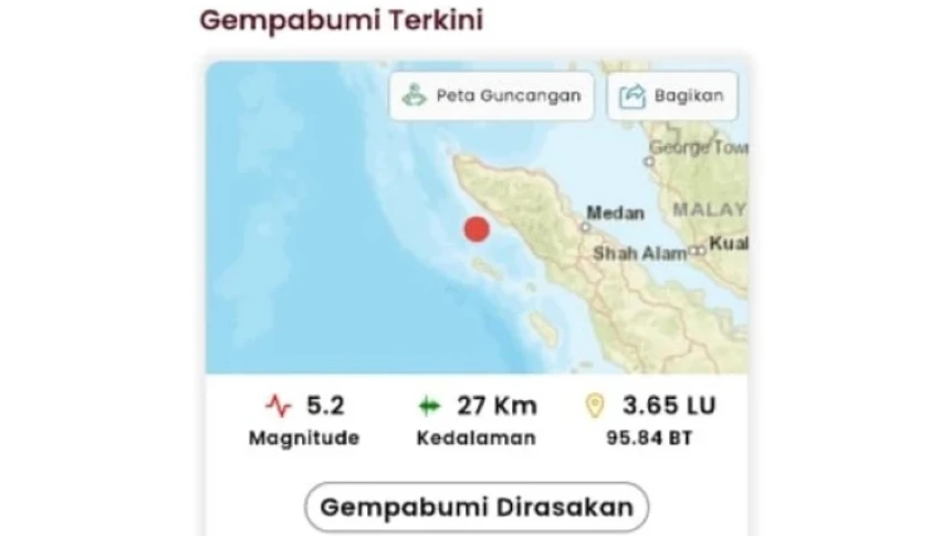 Gempa Magnitudo 5,2 Guncang Meulaboh Pagi Ini, Dirasakan hingga Banda Aceh